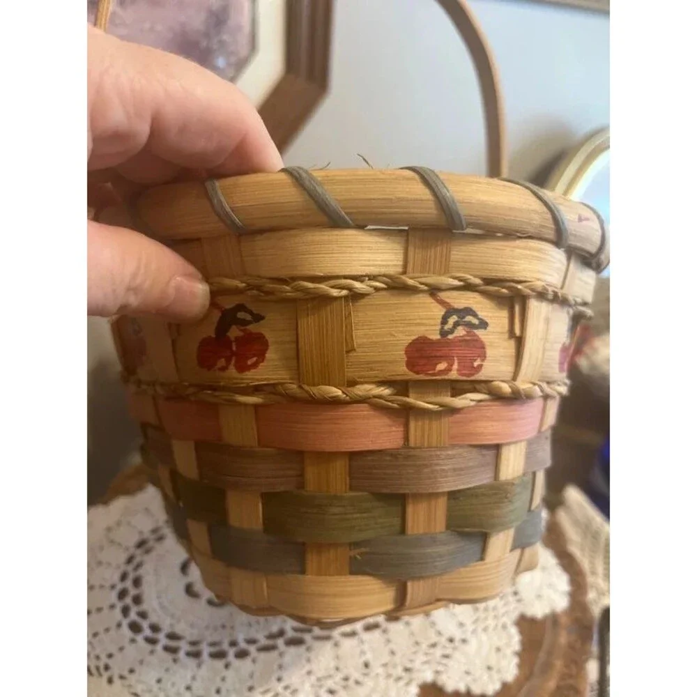Vintage handwoven spiny basket Apple motif Cottagecore